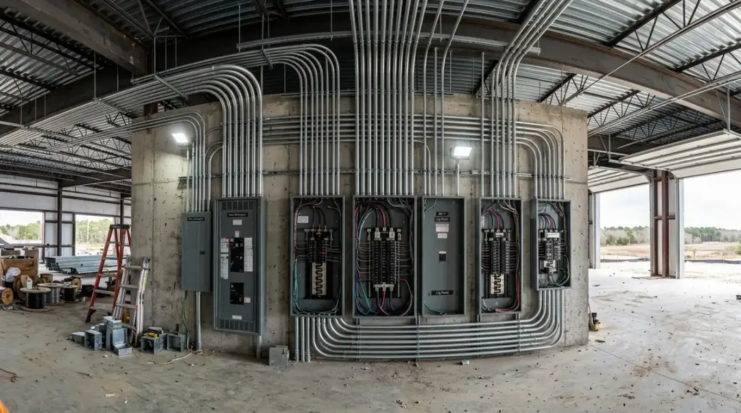 Commercial electrical installation with conduit runs and industrial panel boards Commercial electrical installation with conduit runs and industrial panel boards