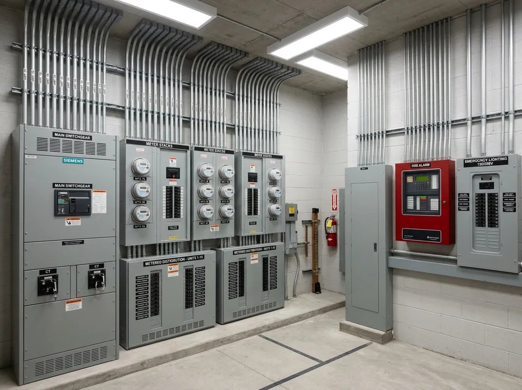 Multi-family building electrical room with main switchgear and meter stacks Multi-family building electrical room with main switchgear and meter stacks