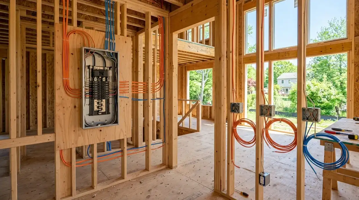 Electrical rough-in wiring in a new home under construction in Monmouth County NJ Electrical rough-in wiring in a new home under construction in Monmouth County NJ