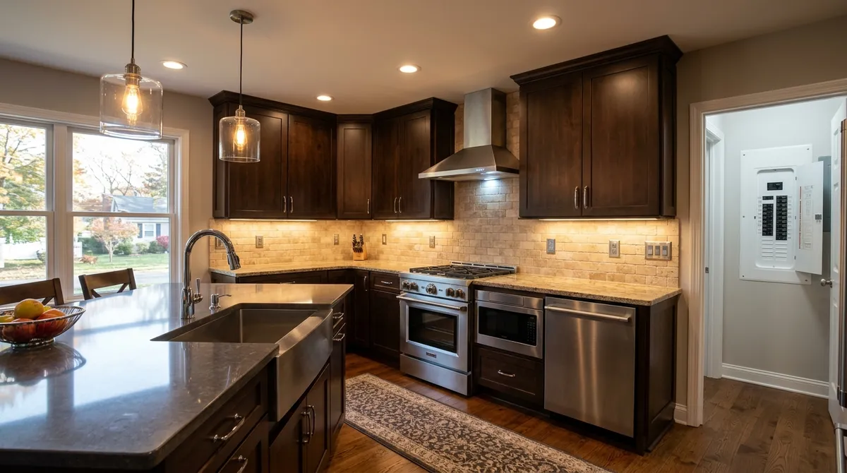 Completed kitchen renovation with professional electrical lighting installation Completed kitchen renovation with professional electrical lighting installation