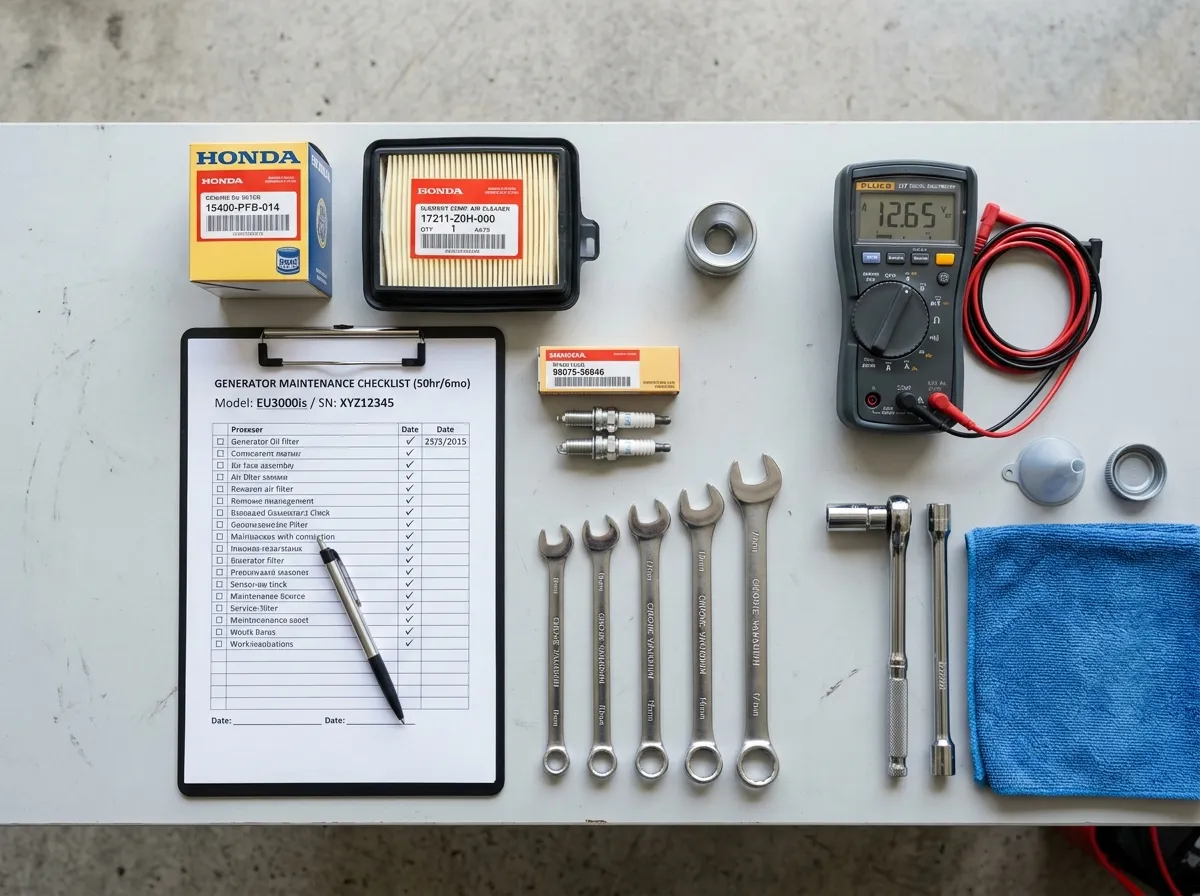 Professional generator maintenance tools and OEM parts laid out for service Professional generator maintenance tools and OEM parts laid out for service