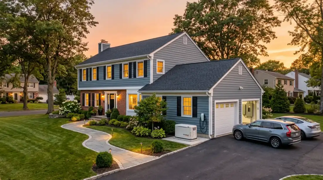 New Jersey residential home with professional electrical installations including landscape lighting, generator, and EV charger New Jersey residential home with professional electrical installations including landscape lighting, generator, and EV charger
