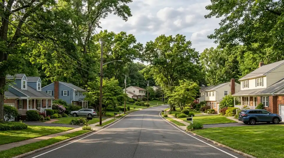 Suburban Middletown NJ neighborhood with tree-lined streets and colonial homes Suburban Middletown NJ neighborhood with tree-lined streets and colonial homes