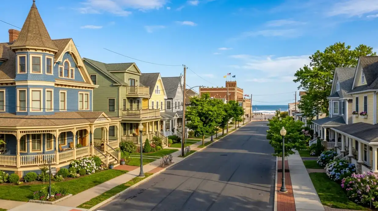 Asbury Park, NJ residential neighborhood with restored Victorian-era homes and boardwalk in the distance Asbury Park, NJ residential neighborhood with restored Victorian-era homes and boardwalk in the distance