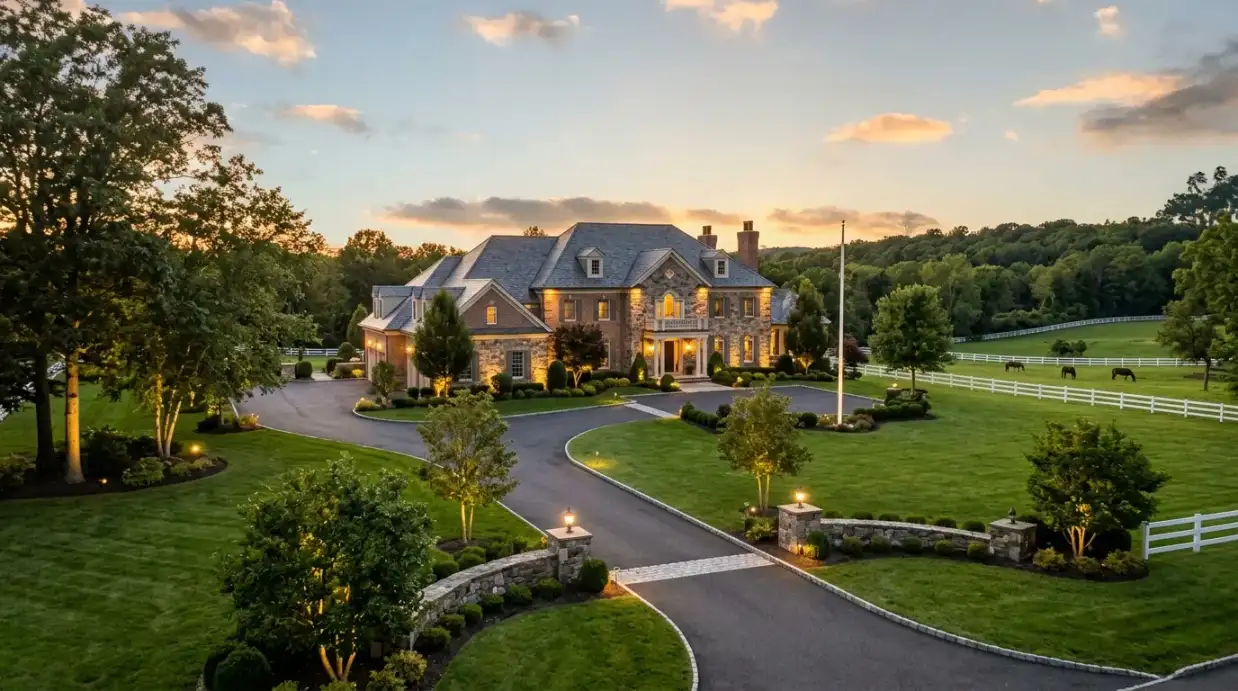 Luxury estate property in Colts Neck, New Jersey with professional landscape lighting Luxury estate property in Colts Neck, New Jersey with professional landscape lighting