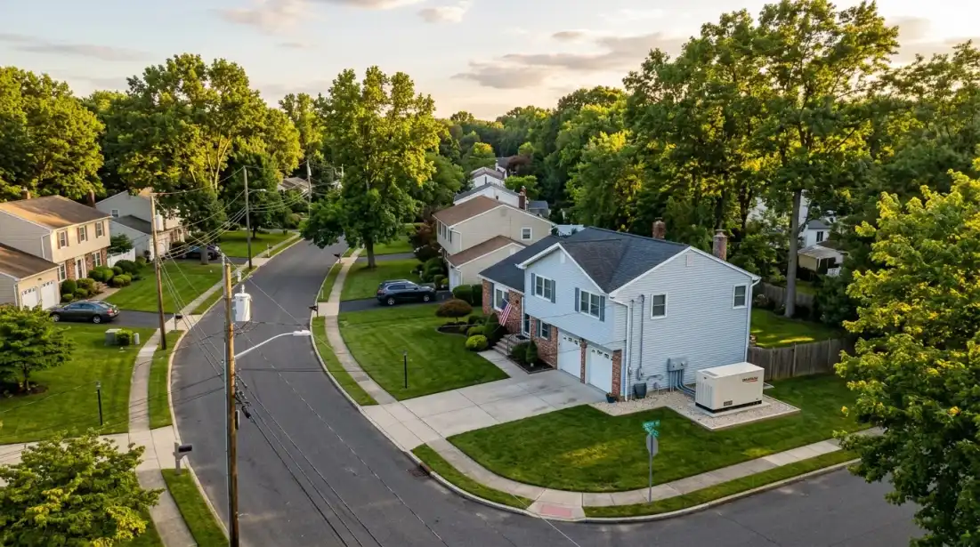 Residential neighborhood in Howell Township, New Jersey with a whole-house generator installation Residential neighborhood in Howell Township, New Jersey with a whole-house generator installation