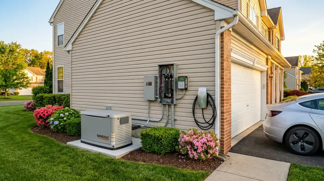 Generac generator, EV charger, and modern electrical panel installed at a New Jersey home Generac generator, EV charger, and modern electrical panel installed at a New Jersey home